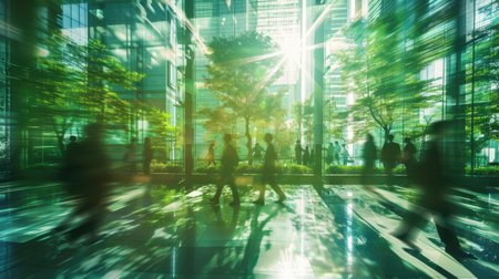 Generative AI, people walking on green office space, motion blur effect, environment conceptの素材