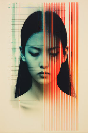 Generative AI, Poster with fashion woman face in risograph and glitch style, vivid colorsの素材