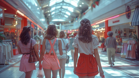 Generative AI, shopping mall 1980s style with people, motion blur, blurred abstract backgroundの素材