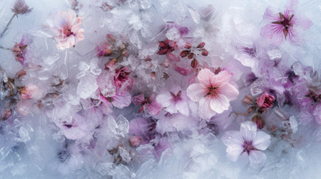 Generative AI, fresh wildflowers in the ice, background or banner with copy spaceの素材