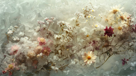 Generative AI, fresh wildflowers in the ice, background or banner with copy spaceの素材