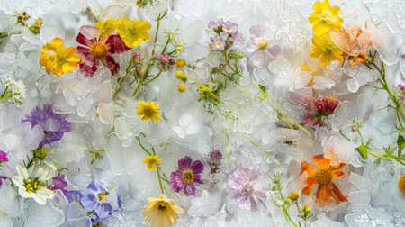 Generative AI, fresh wildflowers in the ice, background or banner with copy spaceの素材