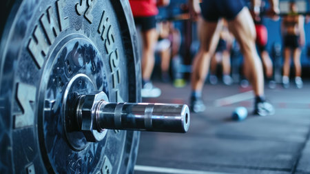 Generative AI, Blurred gym interior background with people doing exercise and barbell close up, sport fitness equipment banner.の素材