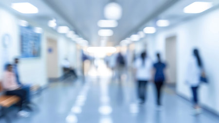 Generative AI, Blurred hospital corridor with many people, busy doctors, health care and medical technology conceptの素材