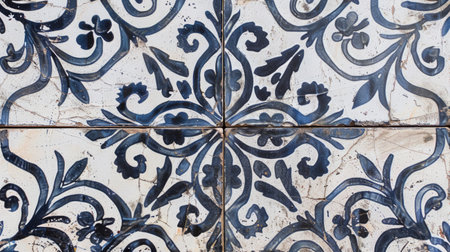 Generative AI, Portuguese style ceramic tile, vintage exterior decoration, blue and whiteの素材