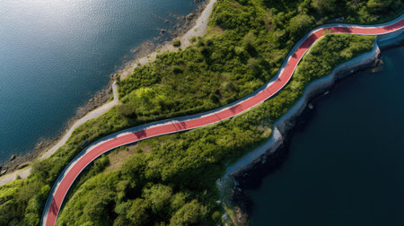 Generative AI, Aerial view of curved asphalt road near the ocean or sea, coastlineの素材