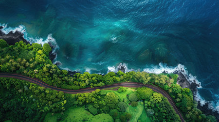 Generative AI, Aerial view of curved asphalt road near the ocean or sea, coastlineの素材