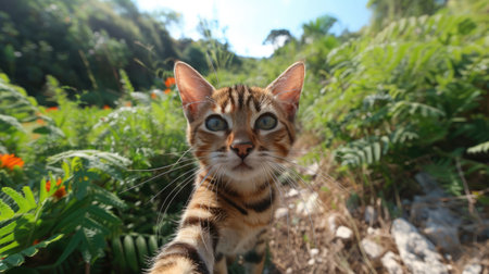 Generative AI, cute cat traveler is taking selfie photo, summer mountains on backgroundの素材