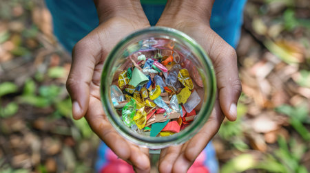 Generative AI, close up of hands holding a glass jar filled with colorful recycled materials, such as paper, plastic and glassの素材