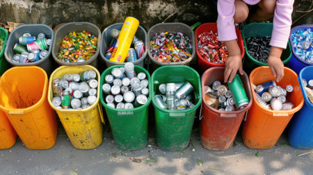 Generative AI, Child putting recyclable materials into recycling bins and learning to recycleの素材