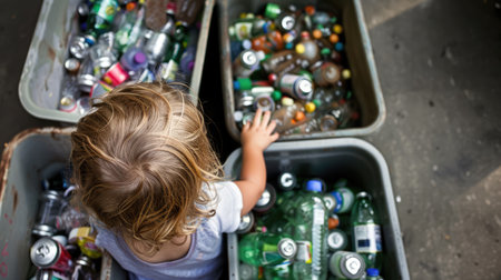 Generative AI, Child putting recyclable materials into recycling bins and learning to recycleの素材