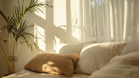 Generative AI, Relaxing bedroom decoration details of bed with natural linen textured bedding, muted neutral aesthetic colorsの素材