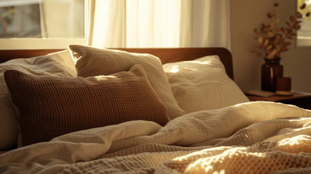 Generative AI, Relaxing bedroom decoration details of bed with natural linen textured bedding, muted neutral aesthetic colorsの素材