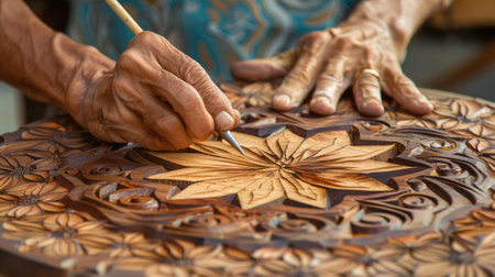 Generative AI, close up hands of elderly woodcarver at work, handcrafting with wood, beautiful ornamentの素材
