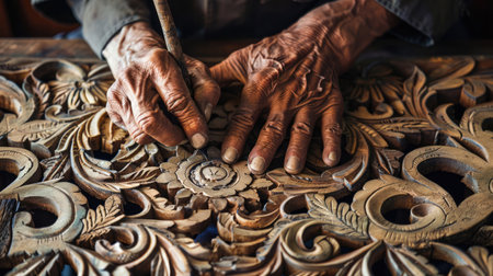 Generative AI, close up hands of elderly woodcarver at work, handcrafting with wood, beautiful ornamentの素材