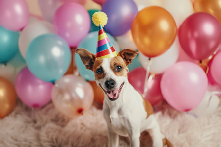 Generative AI, Happy dog in party hat is celebrating birthday, confetti and balloons on backgroundの素材