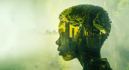 Generative AI, Double exposure of human profile silhouette and big green city, sustainable environment conceptの素材