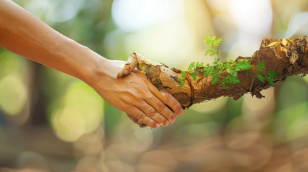 Generative AI, Human hand handshaking hand of nature, love nature environment conceptの素材