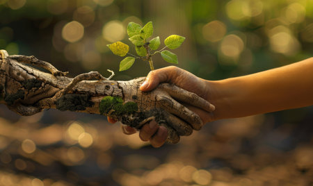 Generative AI, Human hand handshaking hand of nature, love nature environment conceptの素材