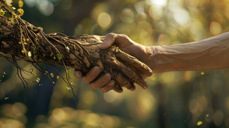 Generative AI, Human hand handshaking hand of nature, love nature environment conceptの素材