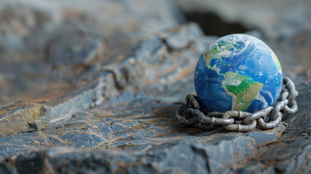 Metaphorical concept featuring a globe or planet Earth enveloped in chains, human-induced climate change and environmental degradation symbolの素材