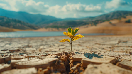 Wilted plant is growing from cracked earth, impact of climate change through a visual metaphor, environmental degradationの素材