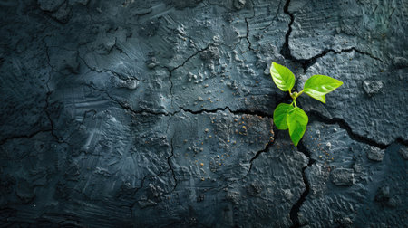 Wilted plant is growing from cracked earth, impact of climate change through a visual metaphor, environmental degradationの素材