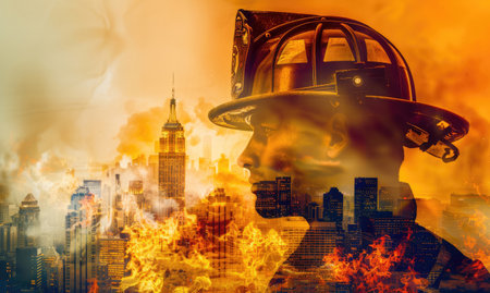 Double Exposure of firefighter silhouette and a fire in the city, with fire truck, copy spaceの素材