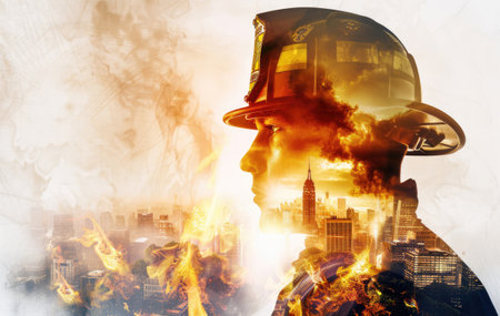 Double Exposure of firefighter silhouette and a fire in the city, with fire truck, copy spaceの素材