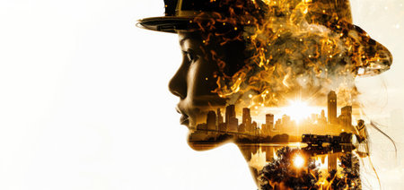 Double Exposure of firefighter silhouette and a fire in the city, with fire truck, copy spaceの素材