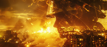 Double Exposure of firefighter silhouette and a fire in the city, with fire truck, copy spaceの素材