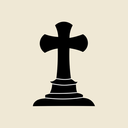 Black grave with a cross, Halloween element in modern flat, line style. Hand drawn illustrationのイラスト素材