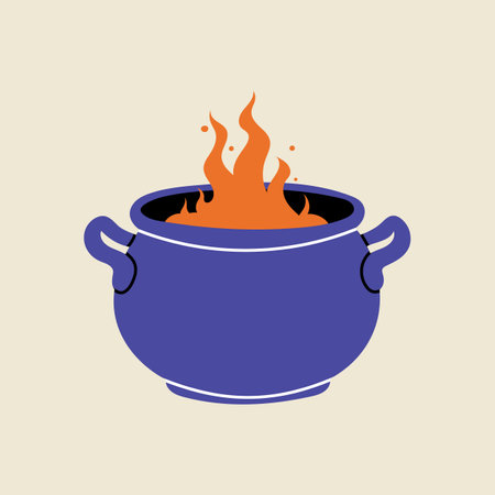 Violet witch cauldron, Halloween element in modern flat, line style. Hand drawn illustrationのイラスト素材