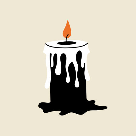 Black and white burning candle with melting wax, Halloween element in modern flat, line style. Hand drawn illustrationのイラスト素材