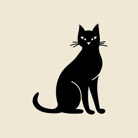 Black cat character, Halloween element in modern flat, line style. Hand drawn illustrationのイラスト素材
