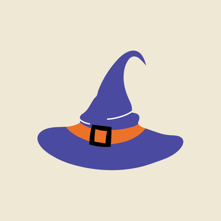Purple witch hat, Halloween element in modern flat, line style. Hand drawn illustrationのイラスト素材