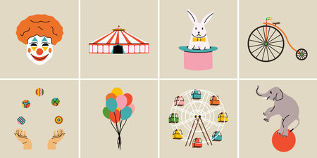 Circus elements in modern flat, line style. Hand drawn illustrations: clown mask, tent, rabbit in a hat, vintage bike, juggling hands, colorful balloons, attraction, elephant on the ballのイラスト素材
