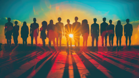 Group of diverse silhouettes of people standing together in unity, symbolizing inclusivity and diversity, social justice campaignの素材