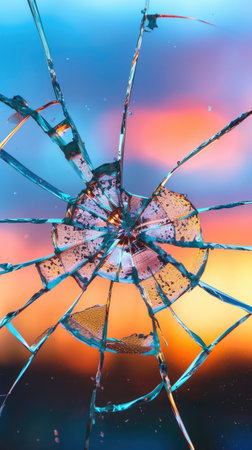 Closeup of the glass with hole, cracks and small pieces, colorful sunset sky backgroundの素材