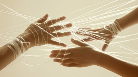Photo shows hands weaving strings together, forming an intricate web. Metaphor of various connections between people through communication, help, love, careの素材