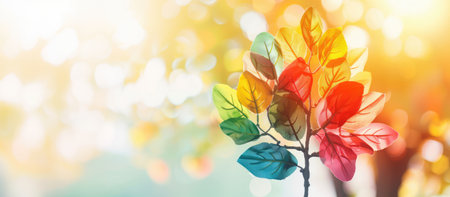Metaphorical minimalist tree with diverse leaves of different shapes, sizes, and colors, symbolizing the beauty and strength of diversity in natureの素材