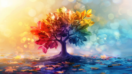 Metaphorical minimalist tree with diverse leaves of different shapes, sizes, and colors, symbolizing the beauty and strength of diversity in natureの素材