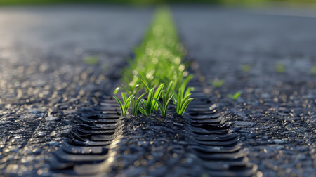 Grass growing as car tire tracks print in the middle of an asphalt road, eco-friendly vehicle conceptの素材