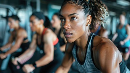 Motivational photo of person participating in a group fitness class, enthusiastic instructors leading the gym workoutの素材