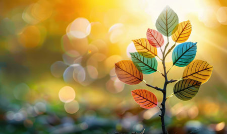 Metaphorical minimalist tree with diverse leaves of different shapes, sizes, and colors, symbolizing the beauty and strength of diversity in natureの素材