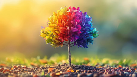 Metaphorical minimalist tree with diverse leaves of different shapes, sizes, and colors, symbolizing the beauty and strength of diversity in natureの素材