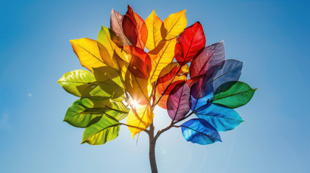 Metaphorical minimalist tree with diverse leaves of different shapes, sizes, and colors, symbolizing the beauty and strength of diversity in natureの素材