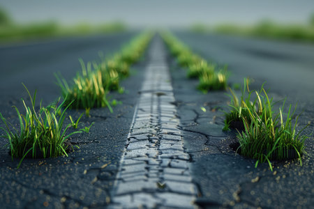 Grass growing as car tire tracks print in the middle of an asphalt road, eco-friendly vehicle conceptの素材
