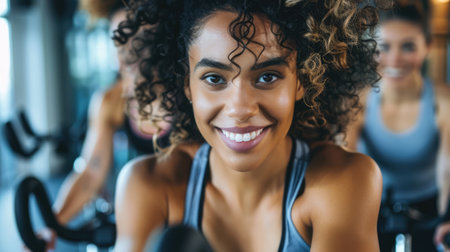 Motivational photo of person participating in a group fitness class, enthusiastic instructors leading the gym workoutの素材