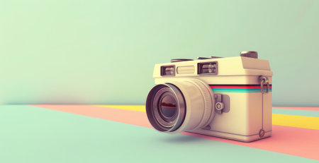 Vintage analog camera with clean lines and retro color palette, symbolizing the nostalgia, snapshots from the 80sの素材
